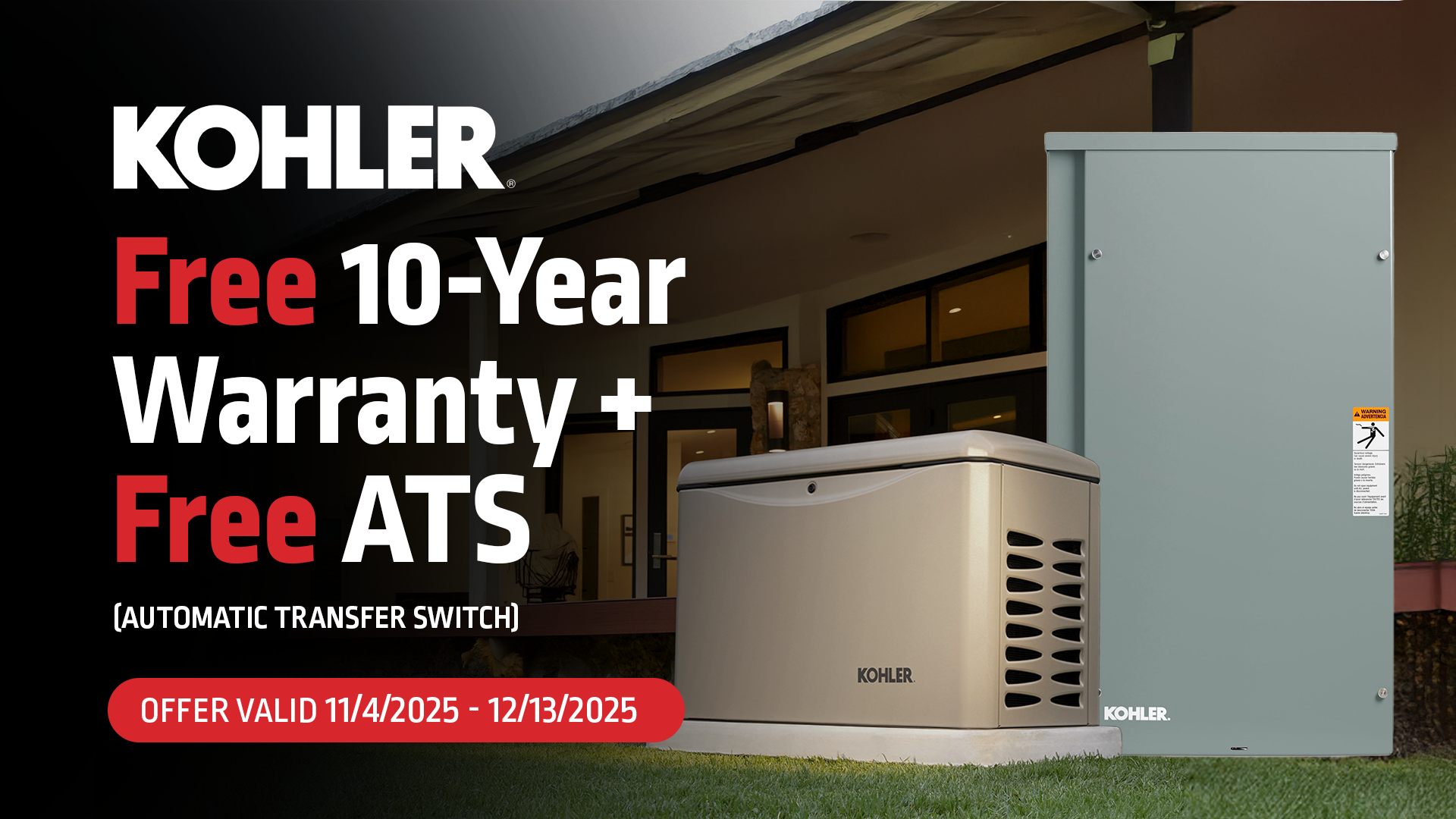 Kohler Free 10-Year Warranty + Free ATS