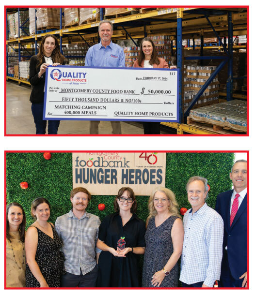 Three people in a warehouse hold a large ceremonial check for ,000 to Montgomery County Food Bank.