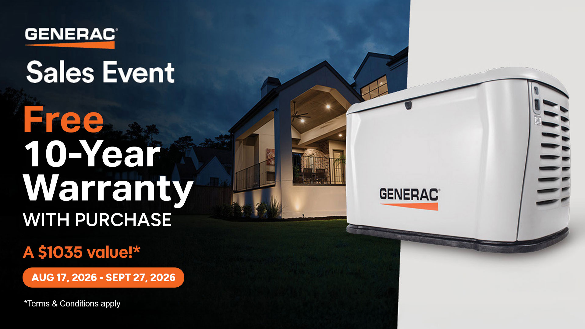 Generac sales banner: Free 10-year warranty with purchase ( alt=